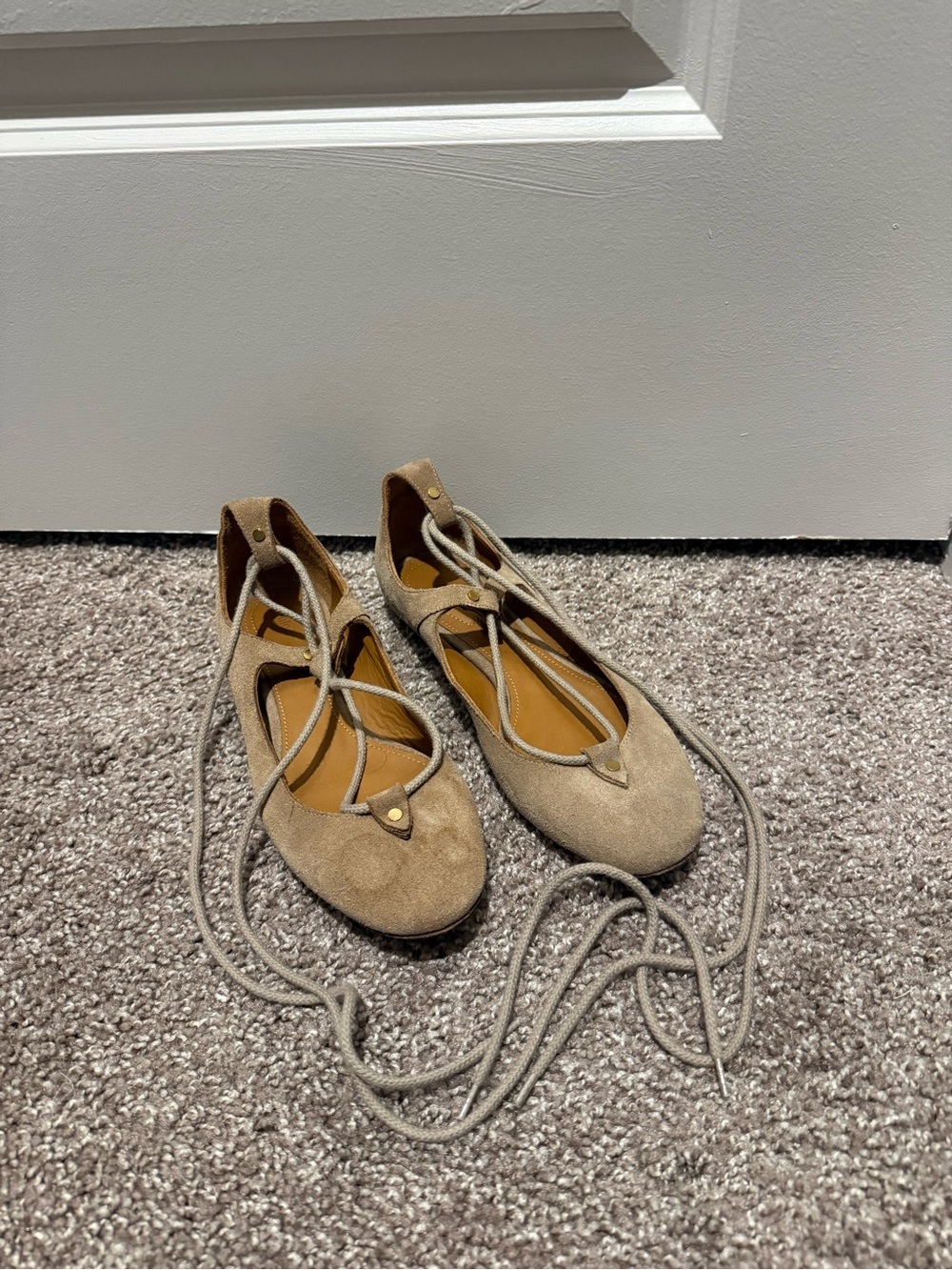 Chloe Beige Suede Lace-Up Ballet Flats